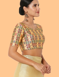 Gold Multi Color Tussar Silk Geometric Pattern V Neck Blouse