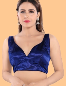 Navy Blue Silk Sleeveless Solid Saree Blouse
