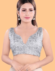 Silver Net Sweetheart Neck Sequin Embroidered Saree Blouse