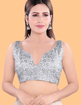 Silver Net Sweetheart Neck Sequin Embroidered Saree Blouse