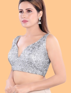 Silver Net Sweetheart Neck Sequin Embroidered Saree Blouse