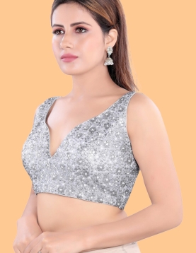Silver Net Sweetheart Neck Sequin Embroidered Saree Blouse