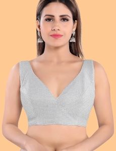 Silver Art Silk V Neck Sleeveless Blouse