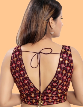 Wine Art Silk Floral Embroidered Blouse 