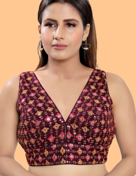 Wine Art Silk Floral Embroidered Blouse 